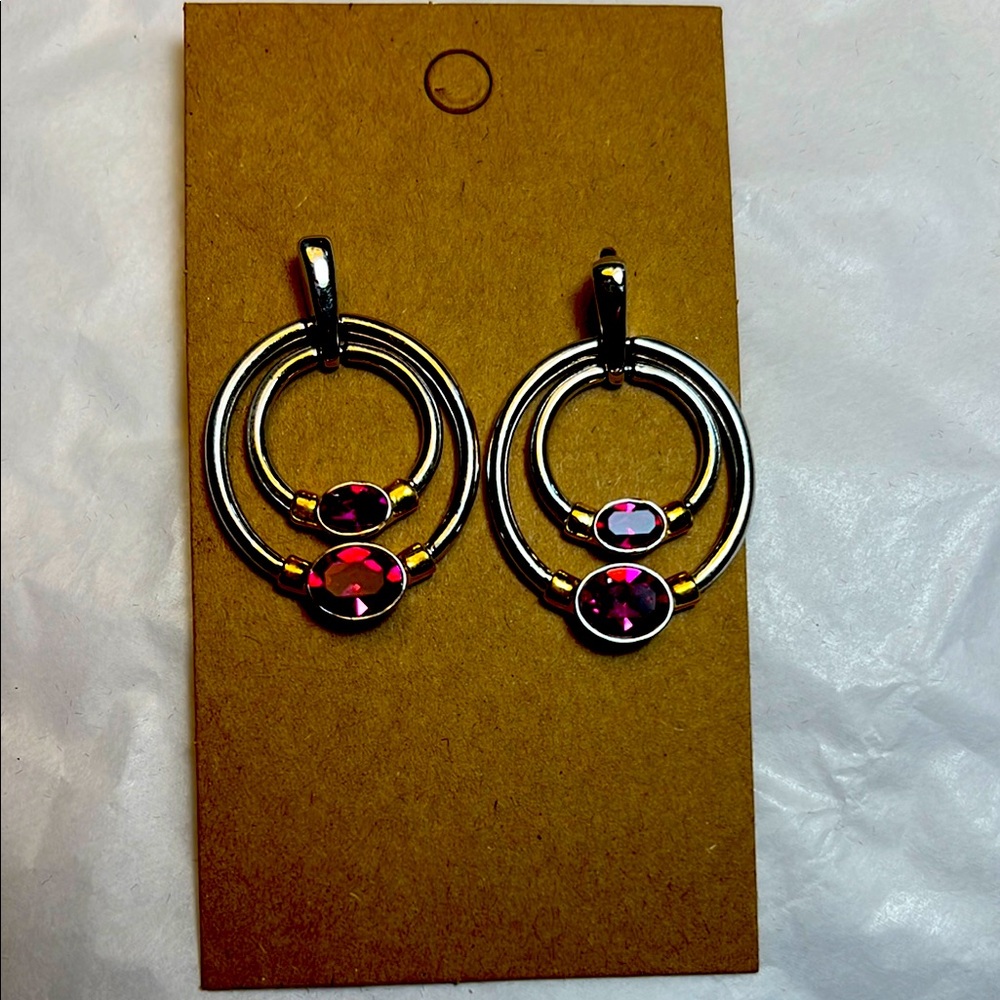 NWOT Elegant Silver and Gold Hoop Pierced Earrings with Pink Accents